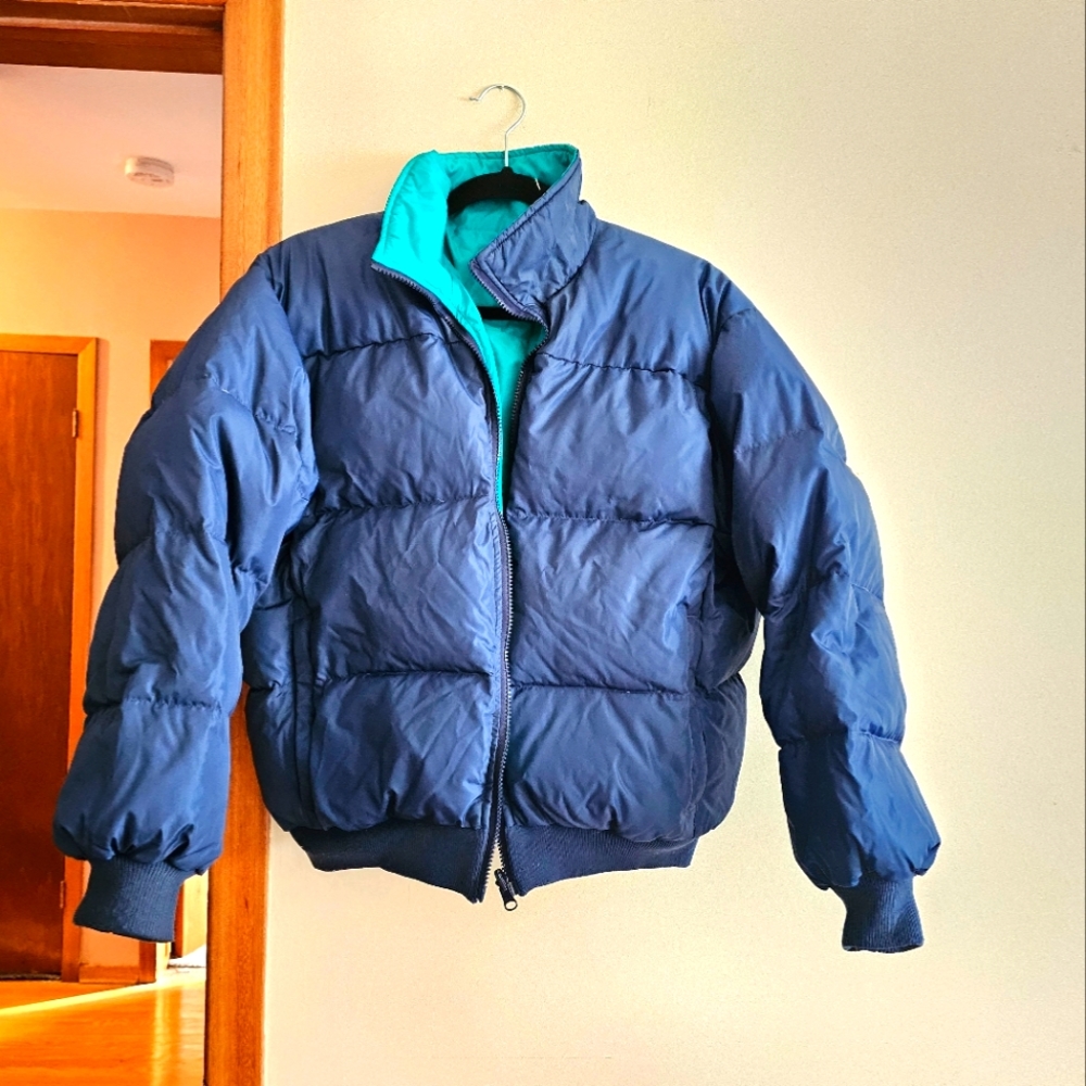 Columbia Womens Teal/ Blue Reversible Puffer Jacket Very Good Retro